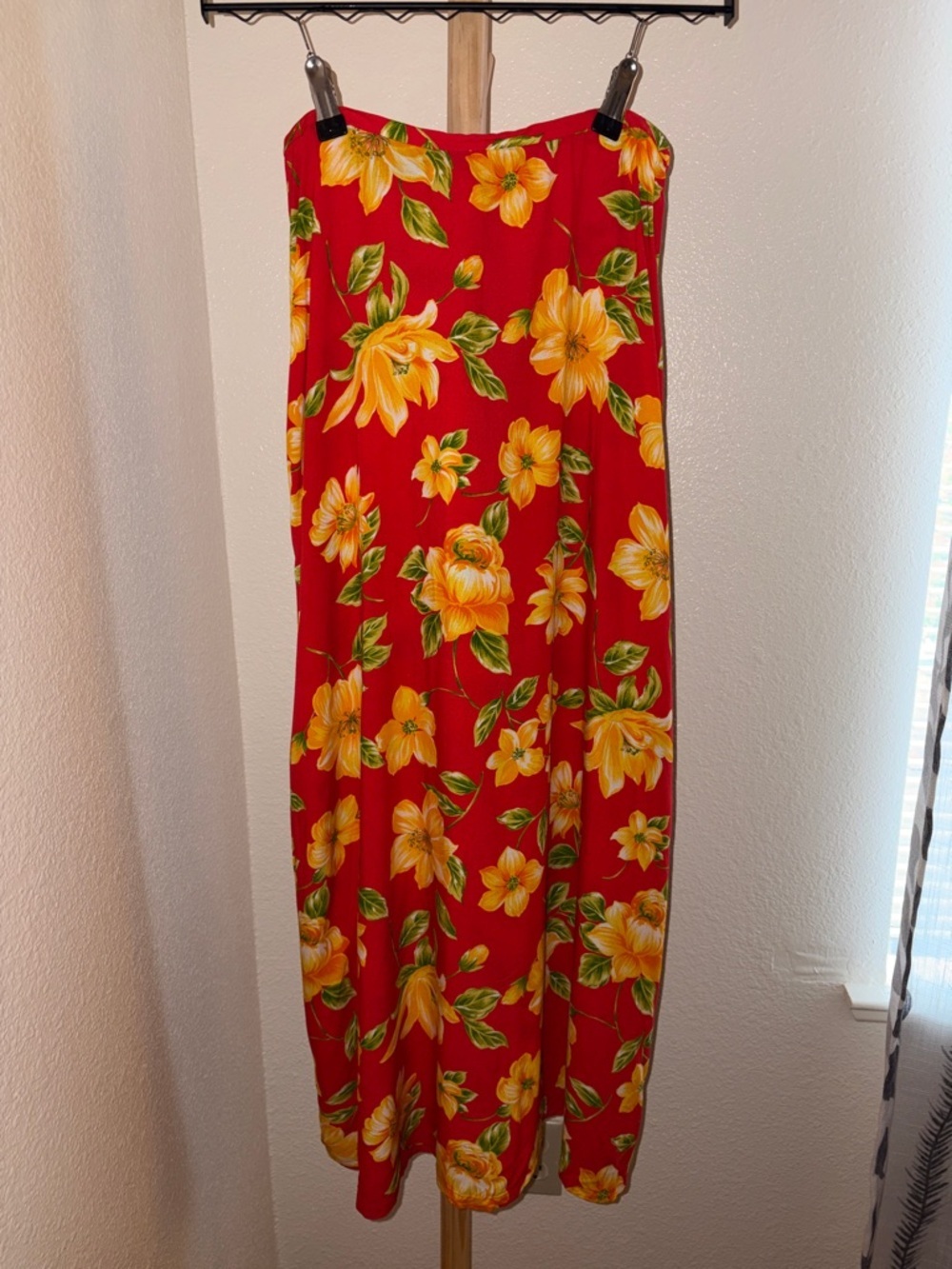 Vintage 90s Red Floral Maxi Skirt with Yellow Blooms